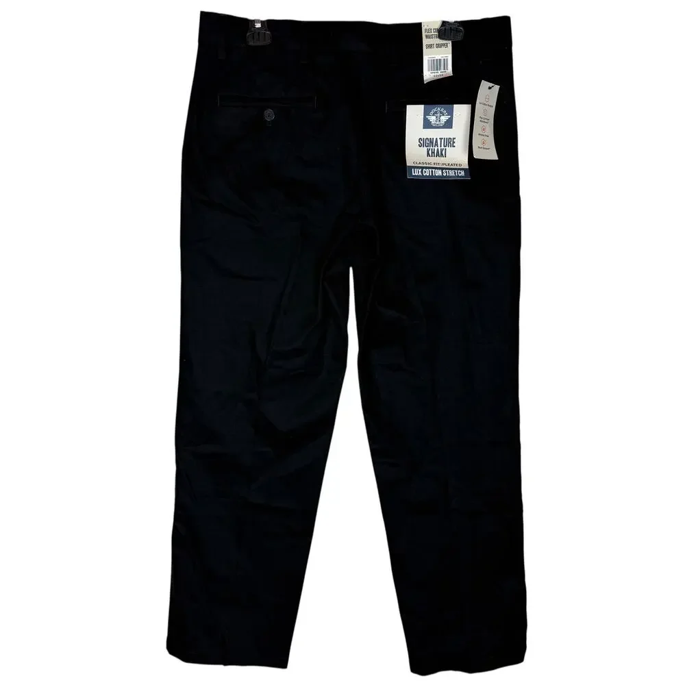 Dockers Signature Khaki Pants Men 32x30 Black Pleated Classic Fit Flex Waistband